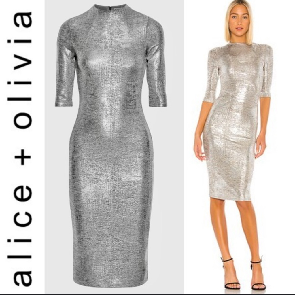 Alice + Olivia Metallic Silver Midi Dress